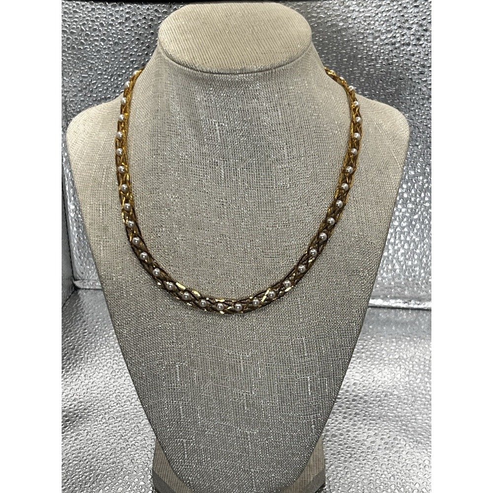 Vintage Avon Braided Gold Tone Faux Pearl Beaded Necklace